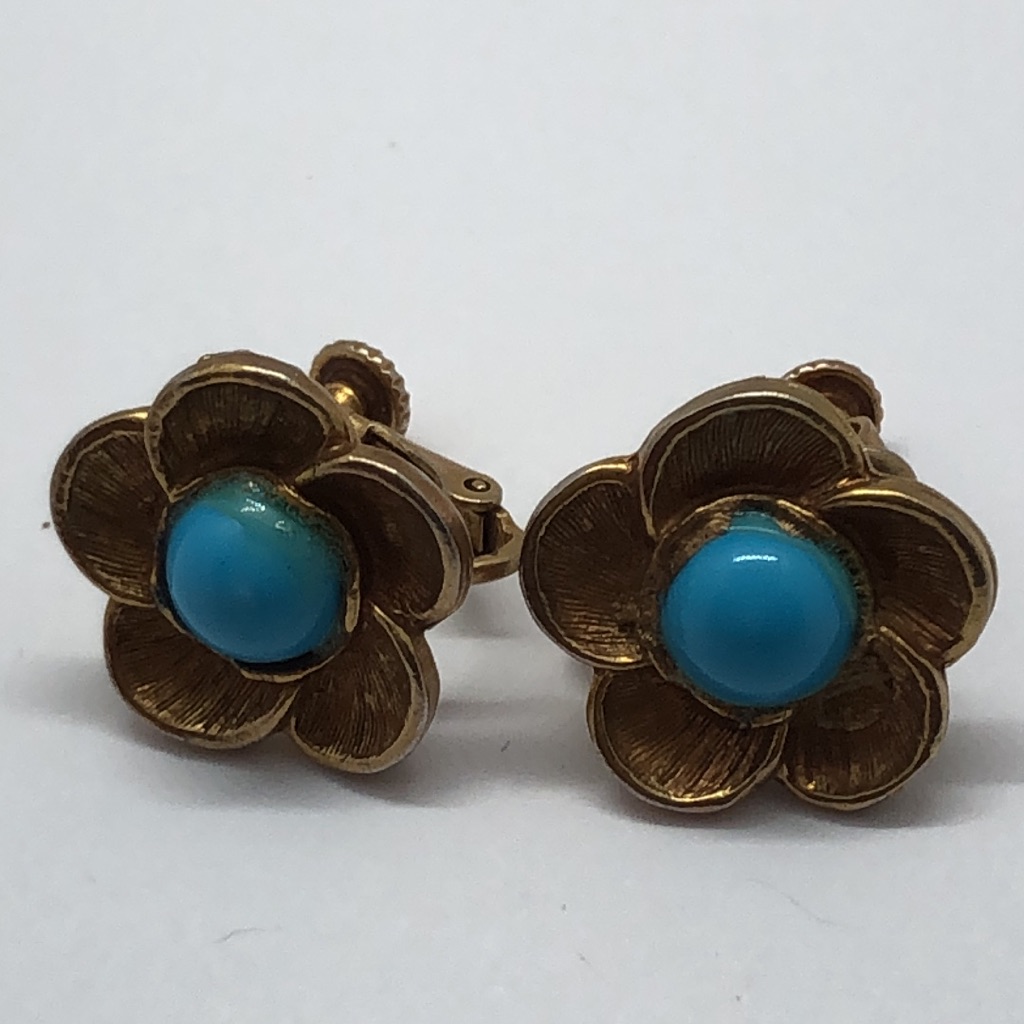 Mma Metropolitan Museum Of Art Vtg Screw Back Floral Gold And Turquoise Earrings